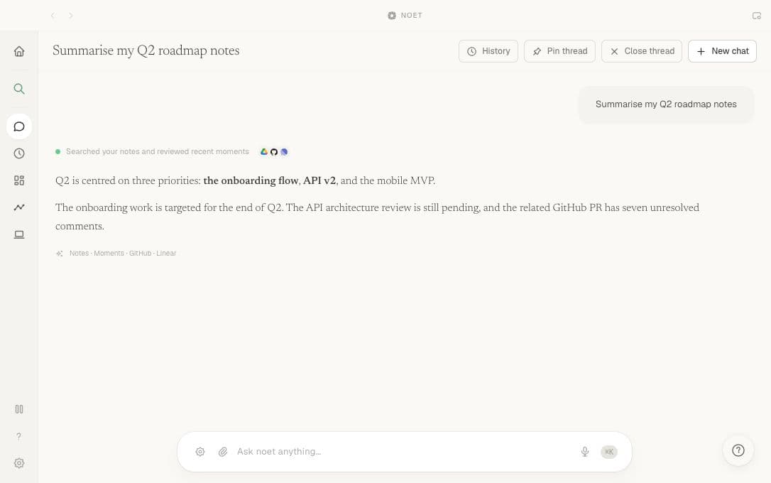 Ask Noet summarising Q2 roadmap notes with sources from Notes, Moments, GitHub, and Linear