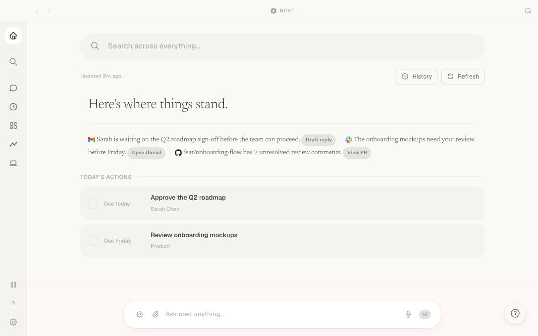 Noet for Mac showing a morning briefing and today's actions