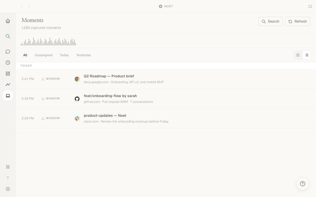 Noet Moments showing captured work from Google Docs, GitHub, and Slack